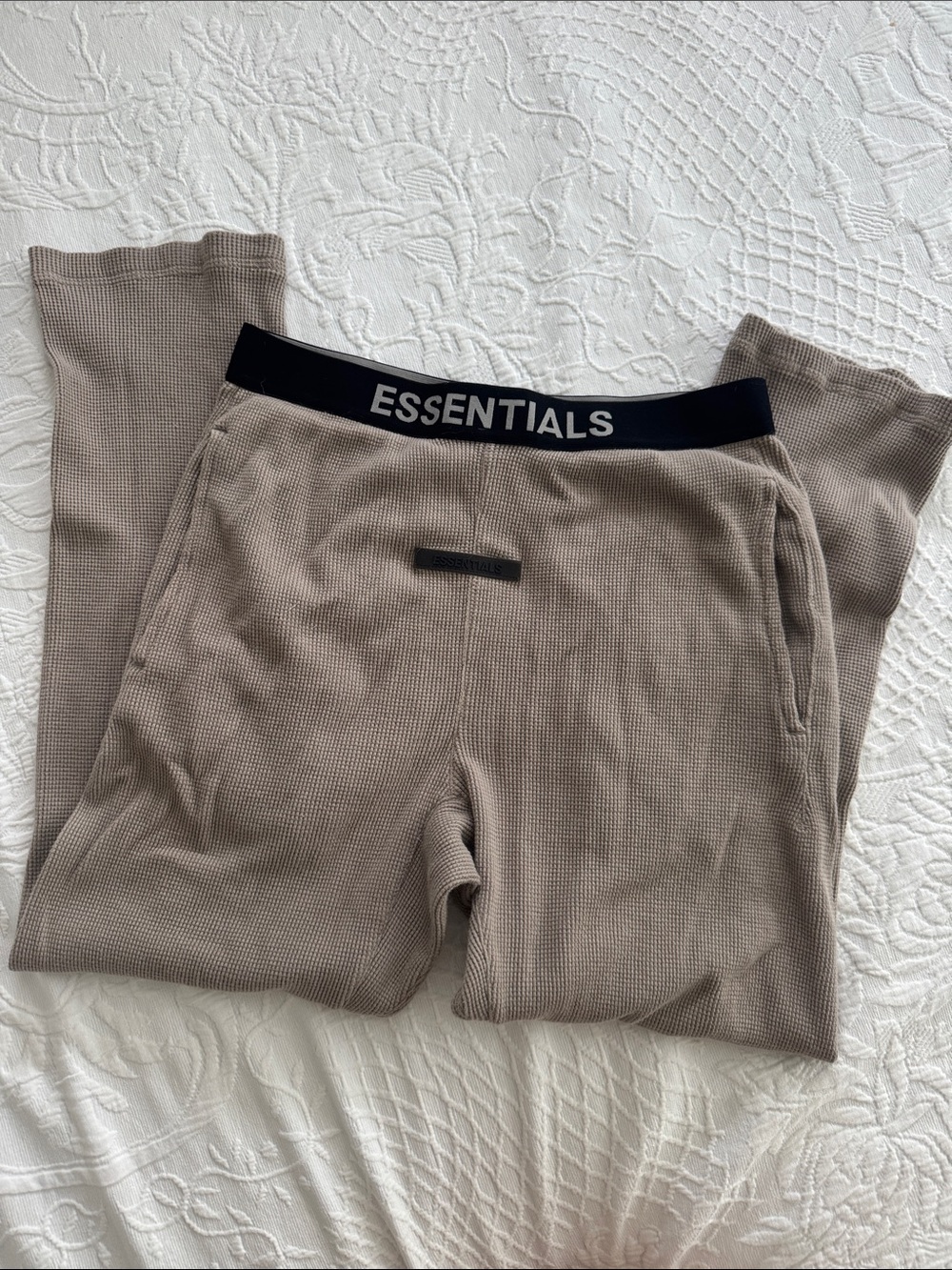 Essentials Taupe Waffle-Knit Lounge Pants with Black Logo Waistband